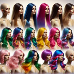 Colorful wig transformation montage.