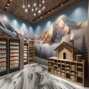 "Mountain-themed snack store interior"