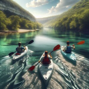 Kayakers on serene river.