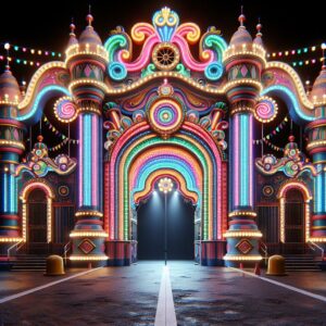 Colorful carnival funhouse entrance.