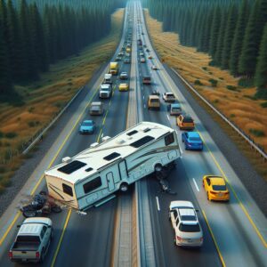 Overturned camper blocking highway.