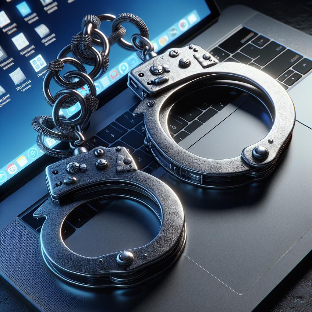 Handcuffs and computer screen.