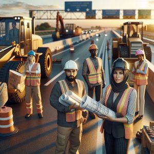 Construction workers on highway