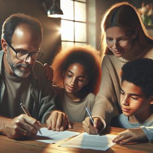 Family filling out form.