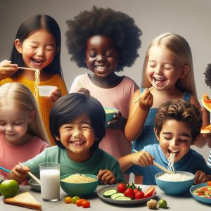 Happy children eating together.