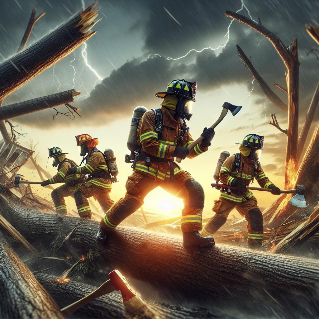 Firefighters battling storm aftermath.