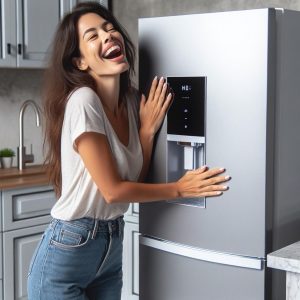 Woman rejoicing with new fridge