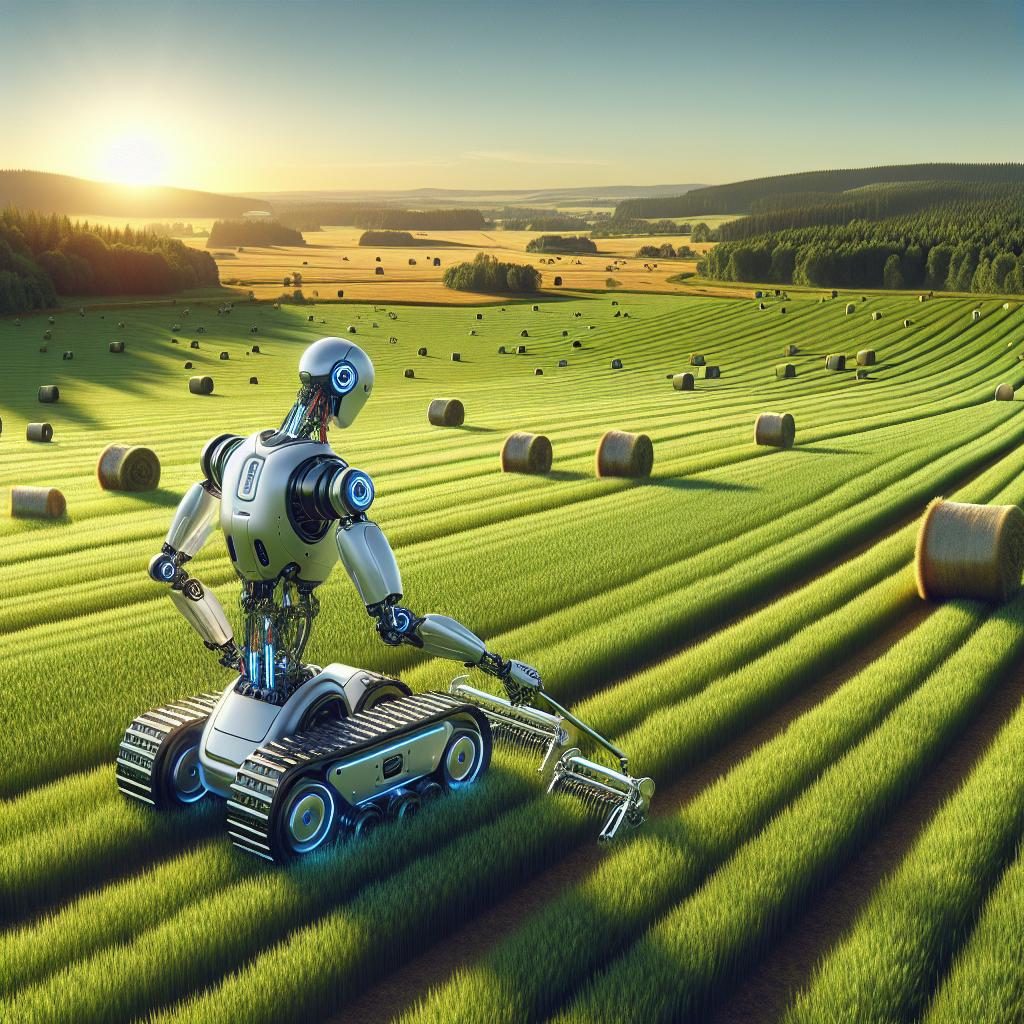 Robot on farm landscape.