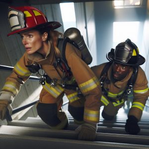 Firefighter climbing stairs