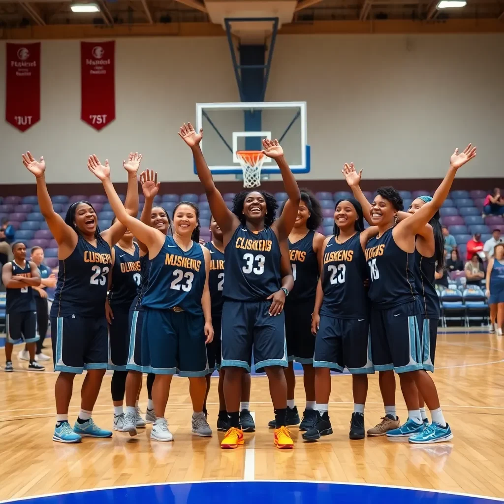 Basketball court with empowering women athletes celebrating success.