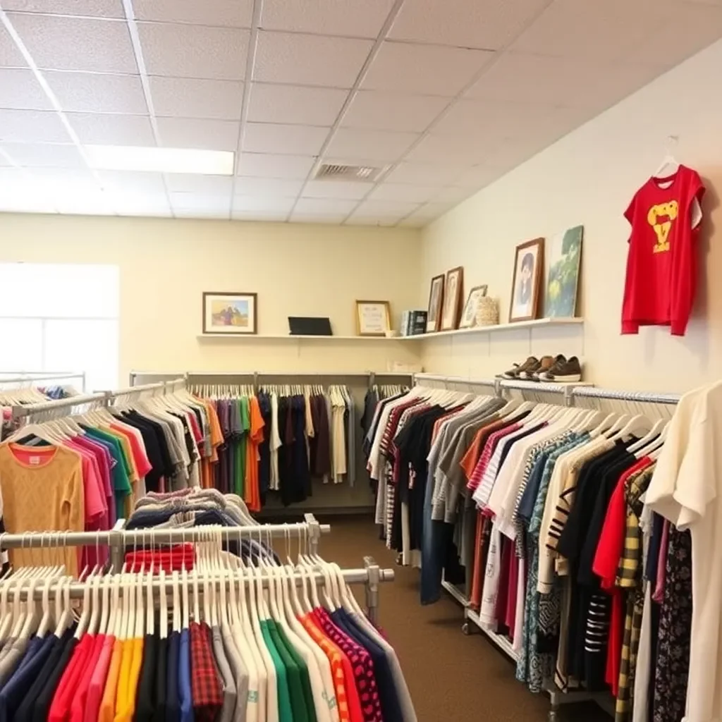 A community clothing center with bright organized shelves.