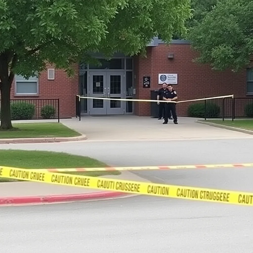 School building secured with police presence and caution tape.