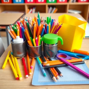 Colorful school supplies arranged on a classroom desk.