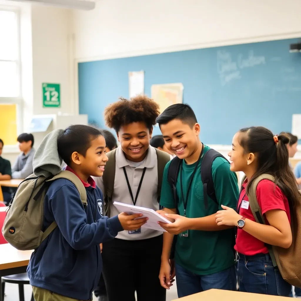 Diverse students collaborating in a vibrant school environment.