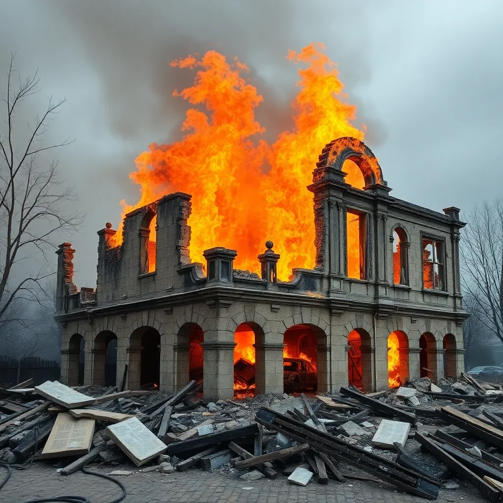 Ruins of a historic building engulfed in flames.