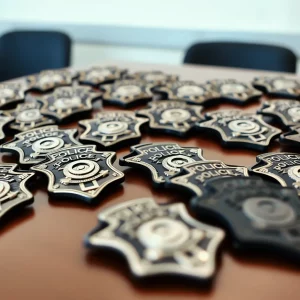 Empty police badges on a table, symbolizing resignation.