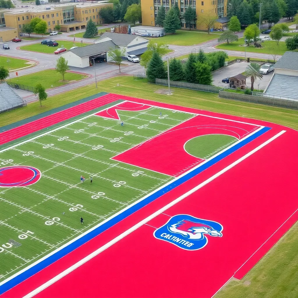 High school sports fields with vibrant team colors.