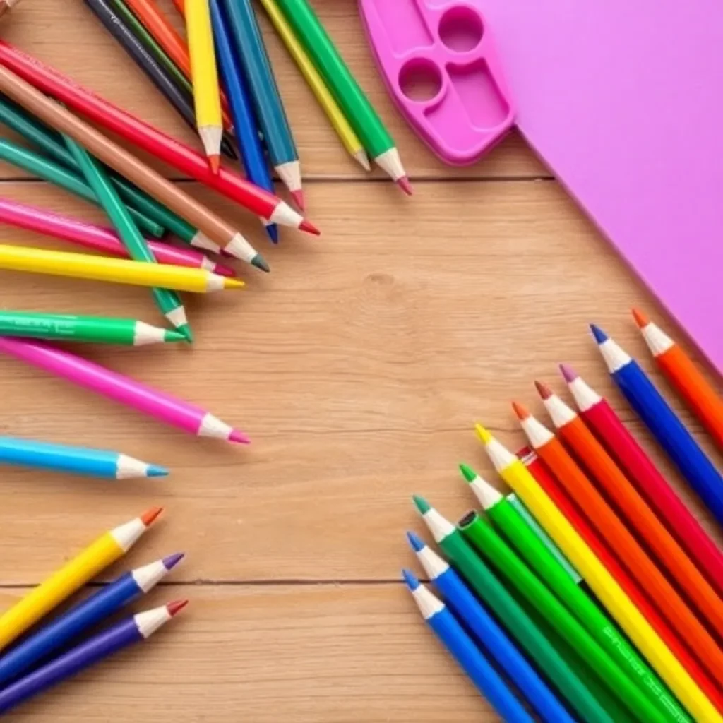 Colorful school supplies on a wooden table.