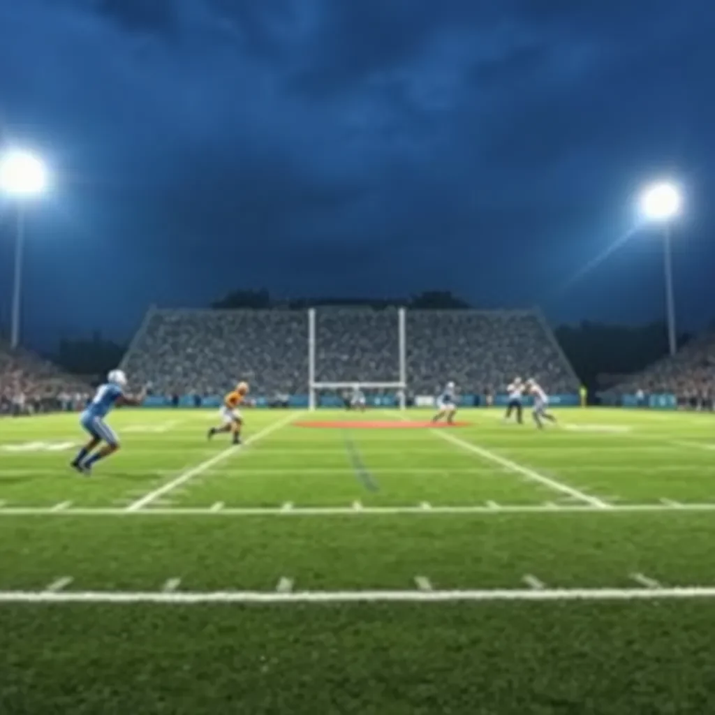 Exciting football game under stadium lights in overtime.