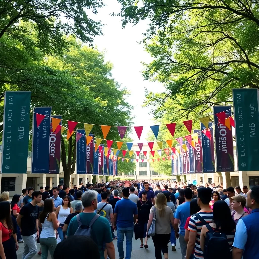 Campus welcoming celebration with banners and diverse community gathering.