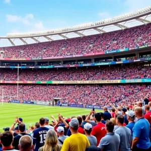 Vibrant stadium action, excited fans, colorful team banners.