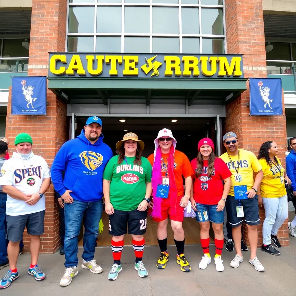 Vibrant team colors and fan gear at stadium entrance.