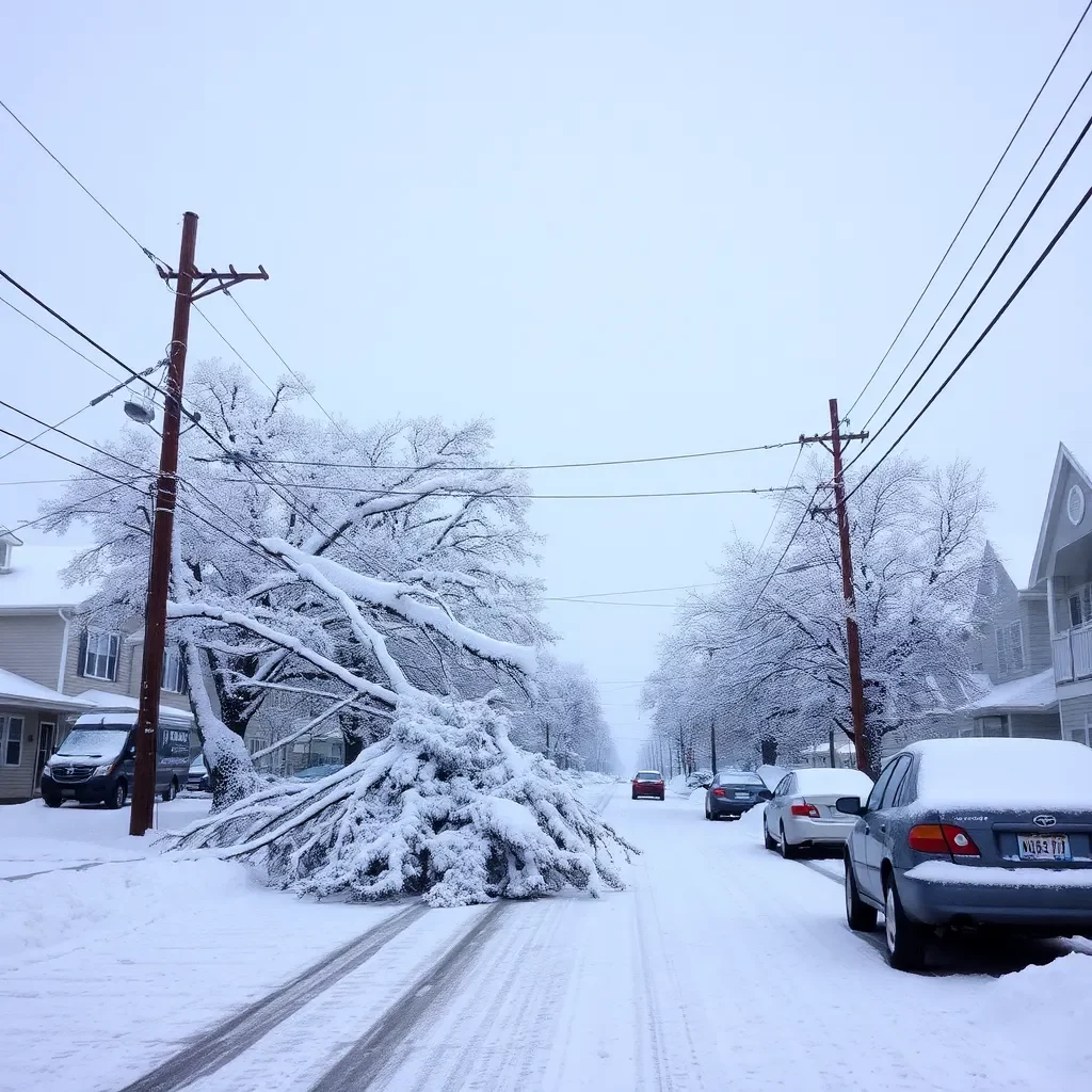 Snow-covered streets with downed power lines and trees.