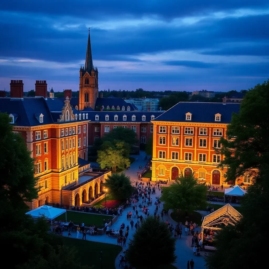 University campus with historic buildings and vibrant community events.