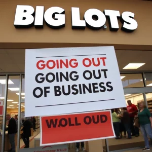 Big Lots storefront in Knoxville with a sign for going out of business sales