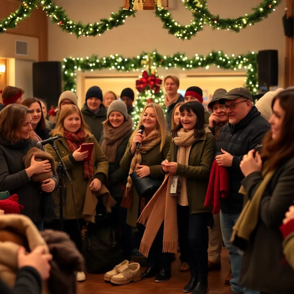 Community members donating winter clothing at a concert