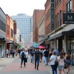 An image depicting the changing landscape of downtown Knoxville with storefronts including closed businesses.