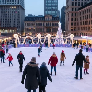 Festively decorated outdoor ice skating rink in Knoxville