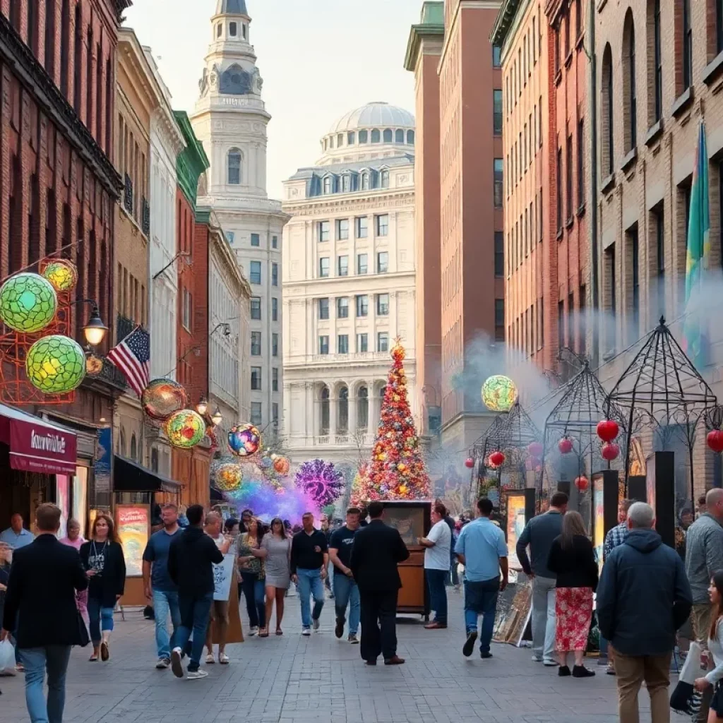 A bustling outdoor arts scene in Knoxville, showcasing community performances and installations.