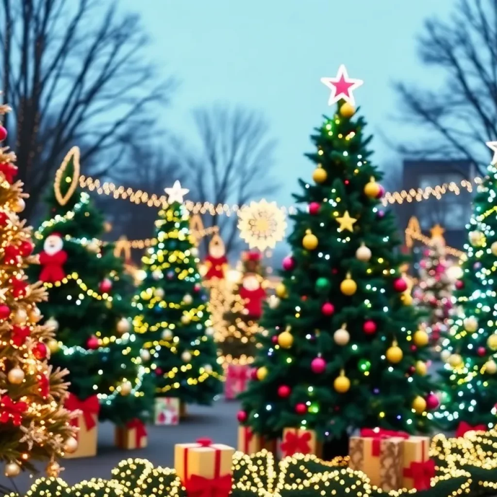 Beautifully decorated Christmas trees with twinkling lights and holiday decorations