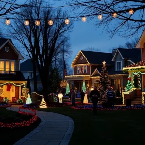 A festive Knoxville neighborhood illuminated with holiday lights.