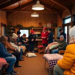 Interior of a Knoxville warming center with volunteers and individuals seeking shelter.