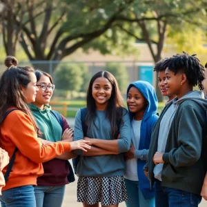 Students united in conversation on playground for safety