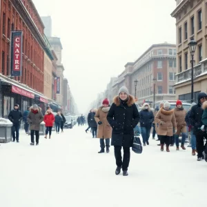 Winter scene depicting an Arctic blast with snow-covered streets and people in winter clothing.