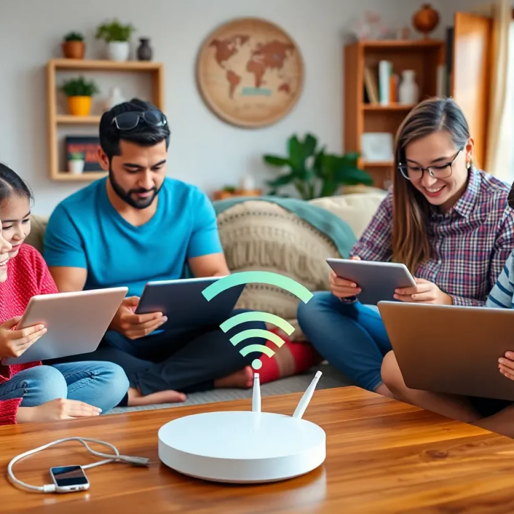 A family in a modern home utilizing high-speed internet