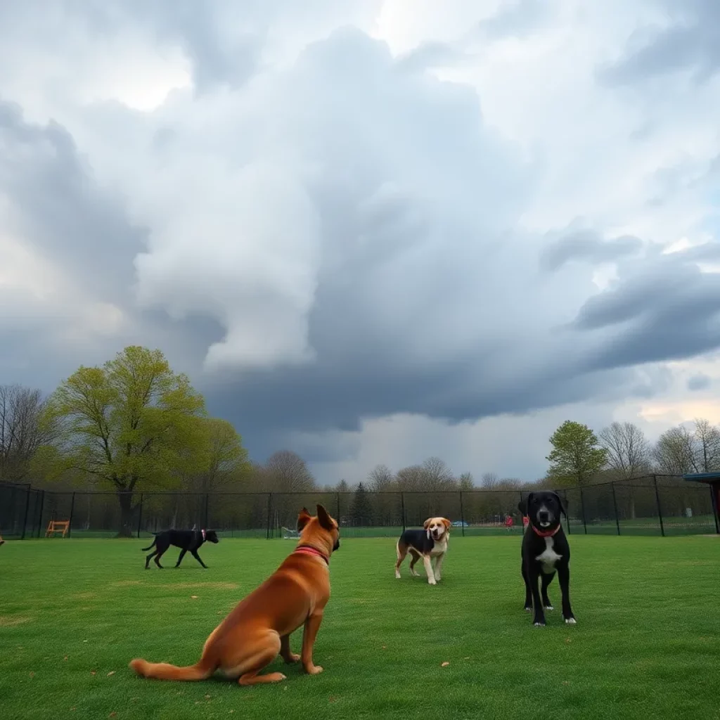 A park scene with dogs playing, emphasizing the joy and potential hidden dangers nearby.