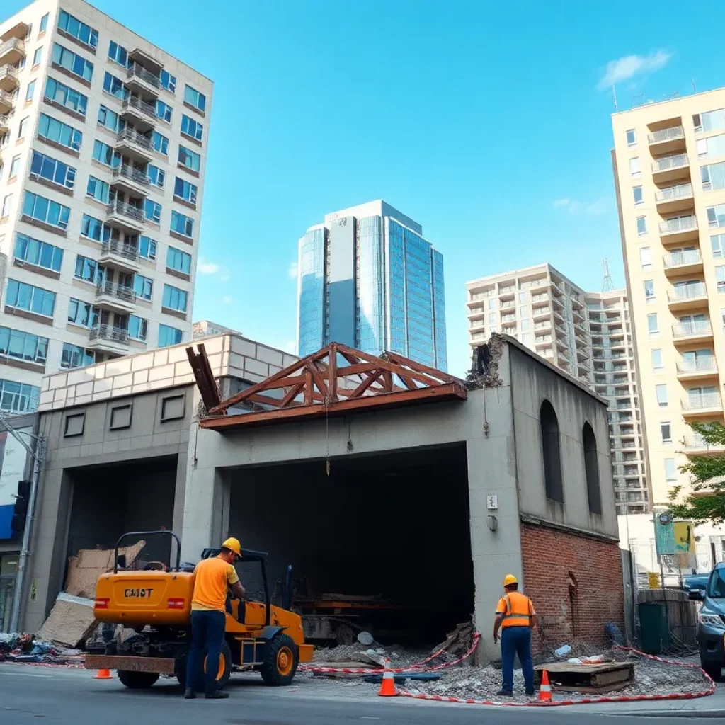 Construction scene in Downtown Knoxville with workers and heavy machinery