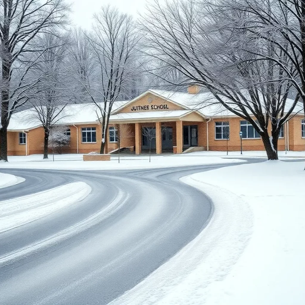 Snow-covered school building in East Tennessee during winter storms.