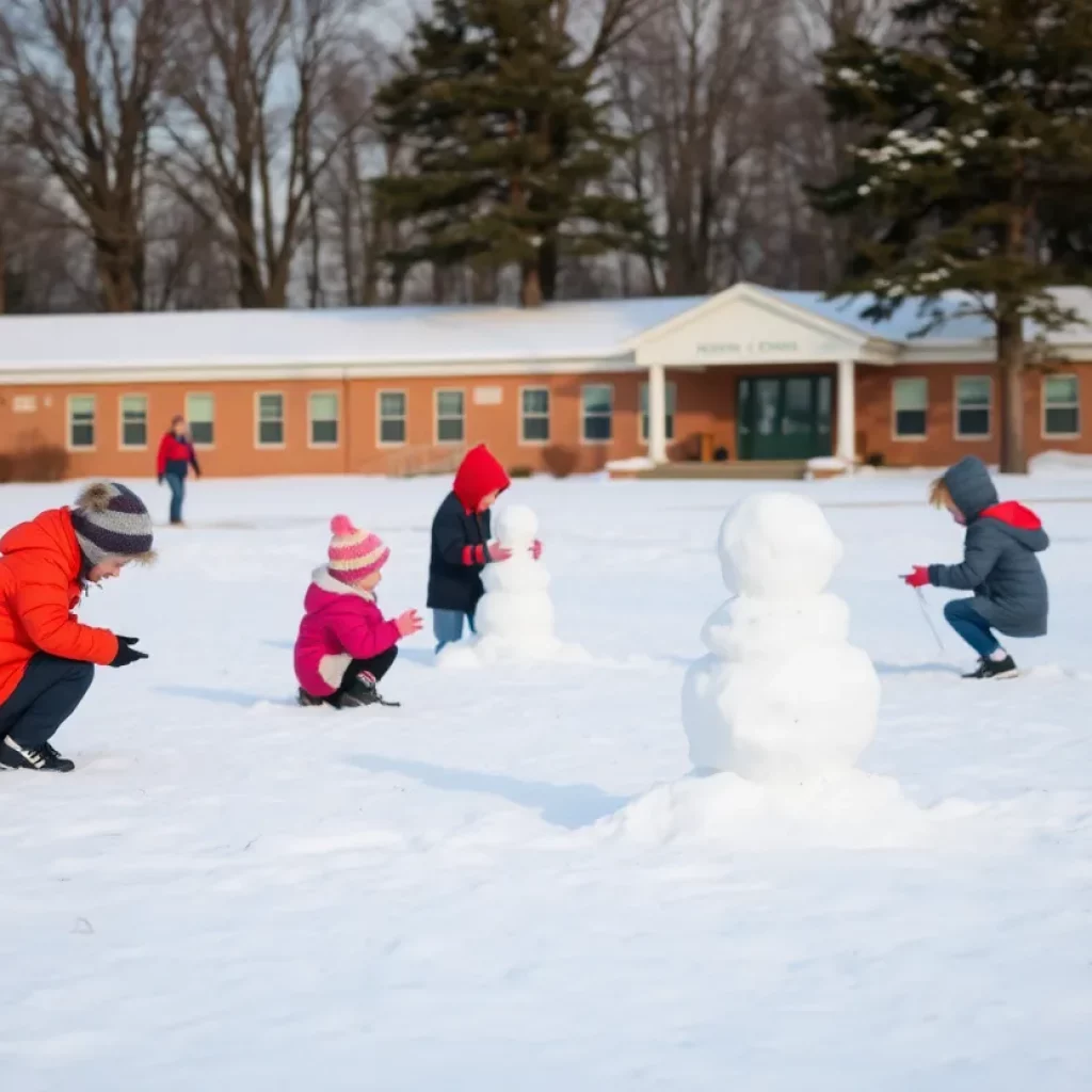 Snow-covered East Tennessee school with children playing outside