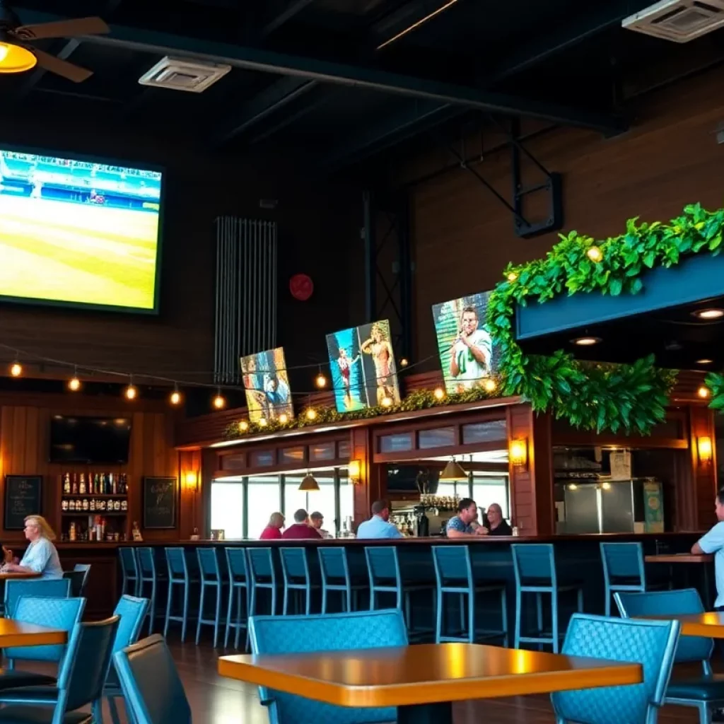 Interior of Fieldhouse Social showing the large screen and lively environment