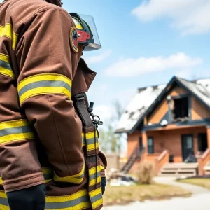 Firefighter uniform next to a burned house to promote safety awareness