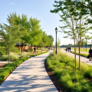 Render of a picturesque greenway trail in Knoxville featuring art installations