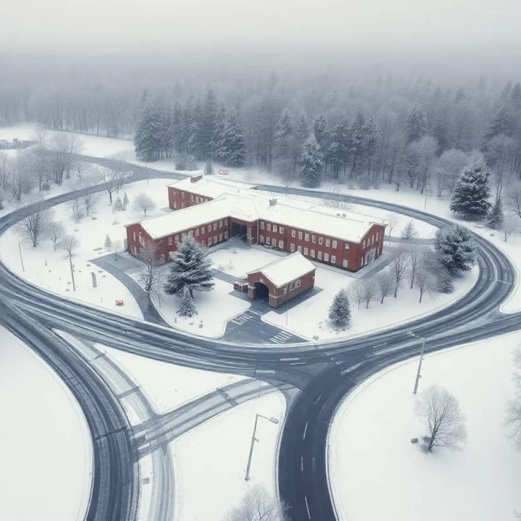 Snow-covered school with icy roads in winter