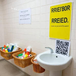 Baskets of free period products in a school bathroom