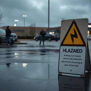 Warning sign near puddle in Knoxville parking lot