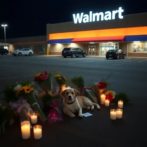 Memorial setup for a dog in Walmart parking lot in Knoxville, Tennessee.